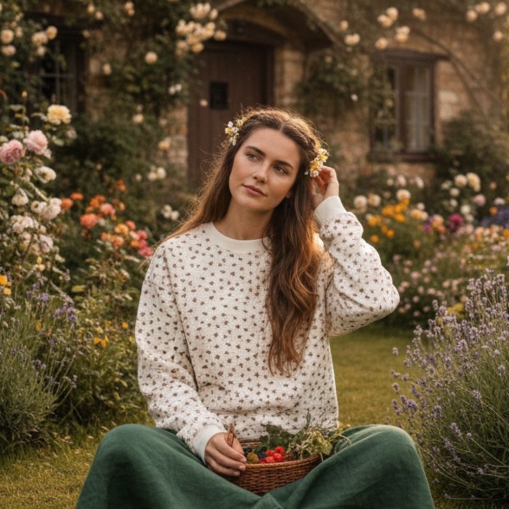 Cottagecore Crew neck‎ Organic Cotton Floral Ditsy Print Sweatshirt Boho Prairie